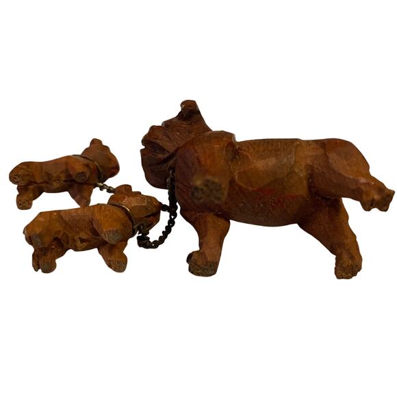 Vtg 40s 50s Chained Bulldog Figurines Wood Carved Knick Knacks Mini Mama Puppies - Picture 7 of 10